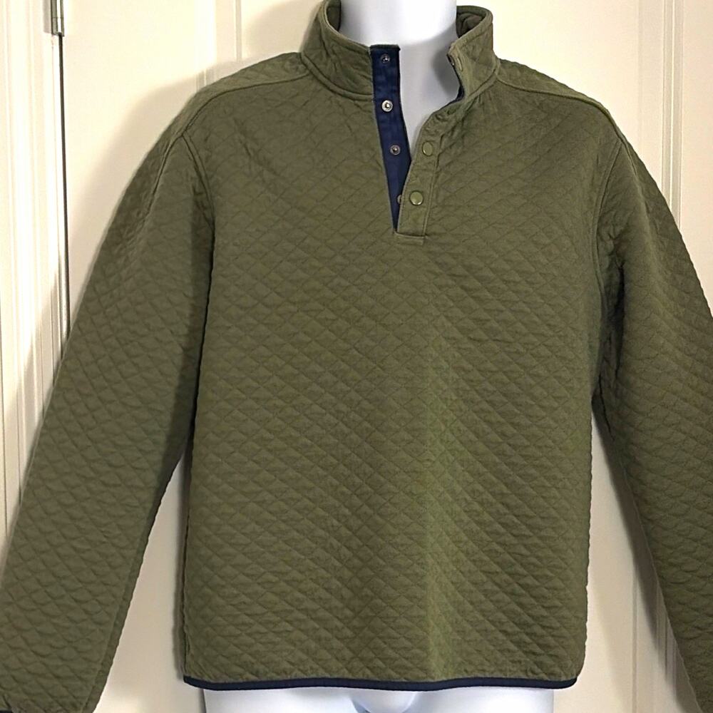 Rhone Men Green Quilted Mock Neck Snap Pullover Sweatshirt Pockets Size L